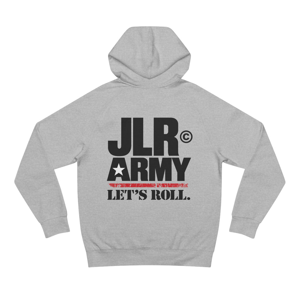 Athletic Heather JLR© Army hoodie with a large “Let’s Roll” back print.