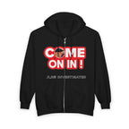 Come On In! Full-Zip Hoodie — JLR© Investigates Graphic Zip-Up