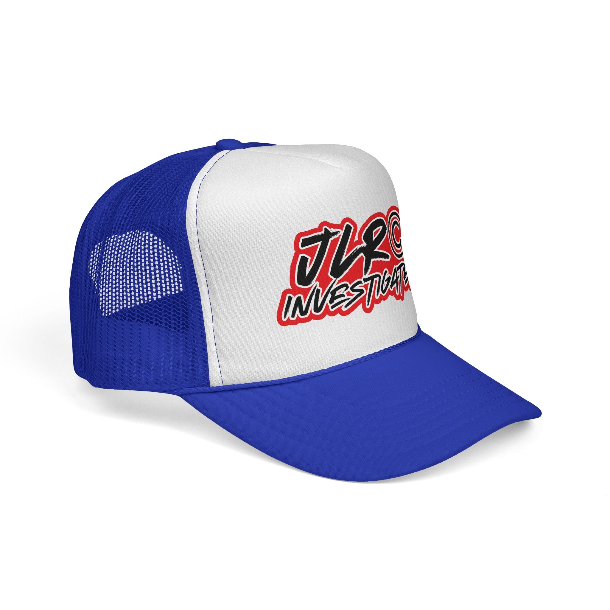 Trucker Cap — "JLR© Investigates" Retro Mesh Hat (Red, White & Blue)