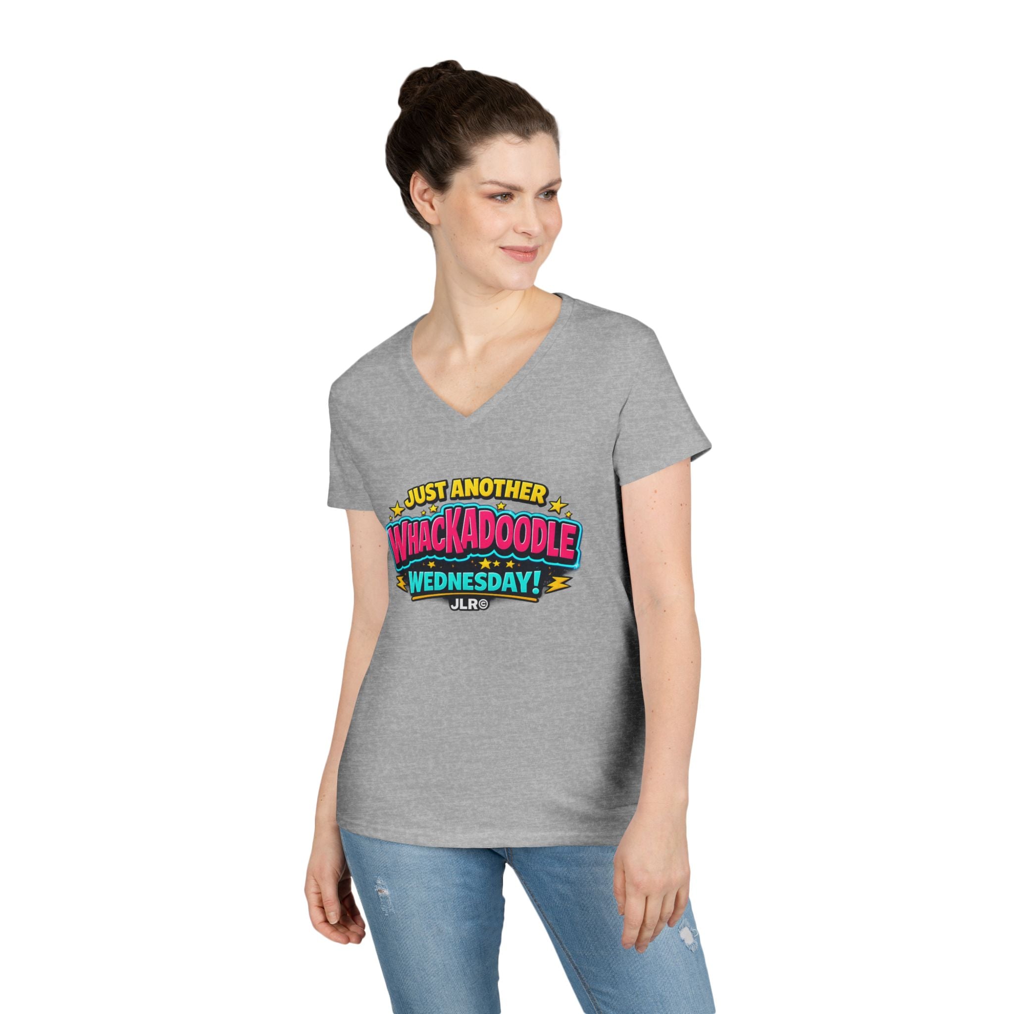 Woman wearing Whackadoodle Wednesday V-Neck T-Shirt in Sport Grey – JLR© Investigates