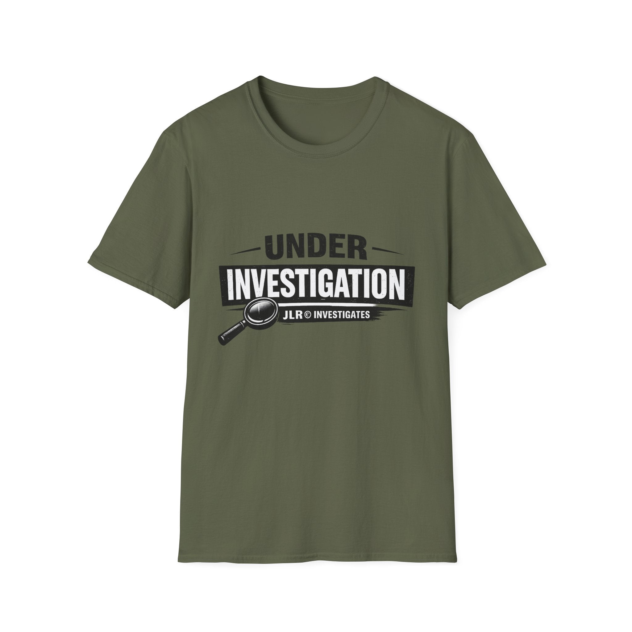 Green unisex t-shirt featuring a bold 'Under Investigation — JLR© Investigates' graphic with a magnifying glass icon and black and white banner design