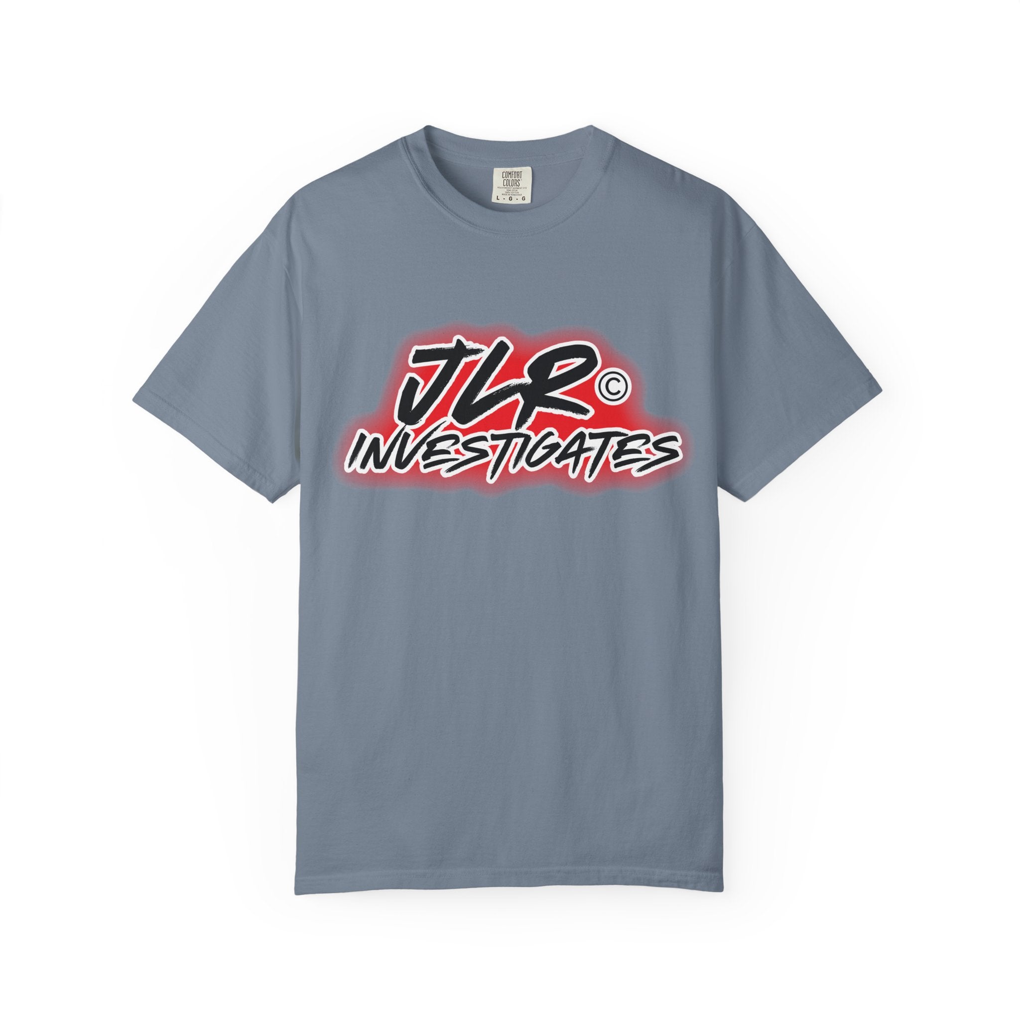JLR© Investigates t-shirt in Blue Jean — front graphic view