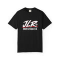 Black JLR© Bold Logo T-Shirt with a high-contrast white and red JLR© Investigates chest design.