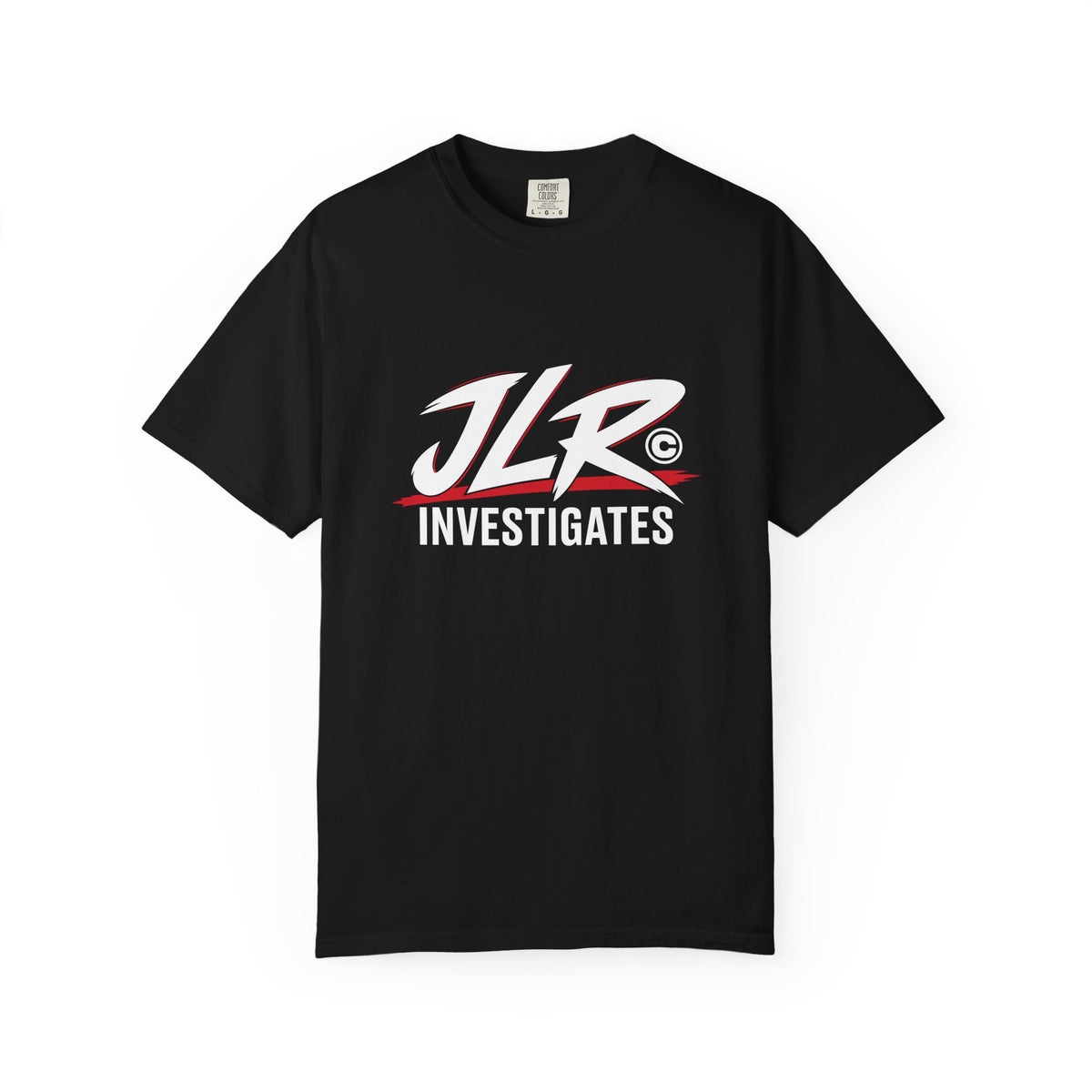 Black JLR© Bold Logo T-Shirt with a high-contrast white and red JLR© Investigates chest design.