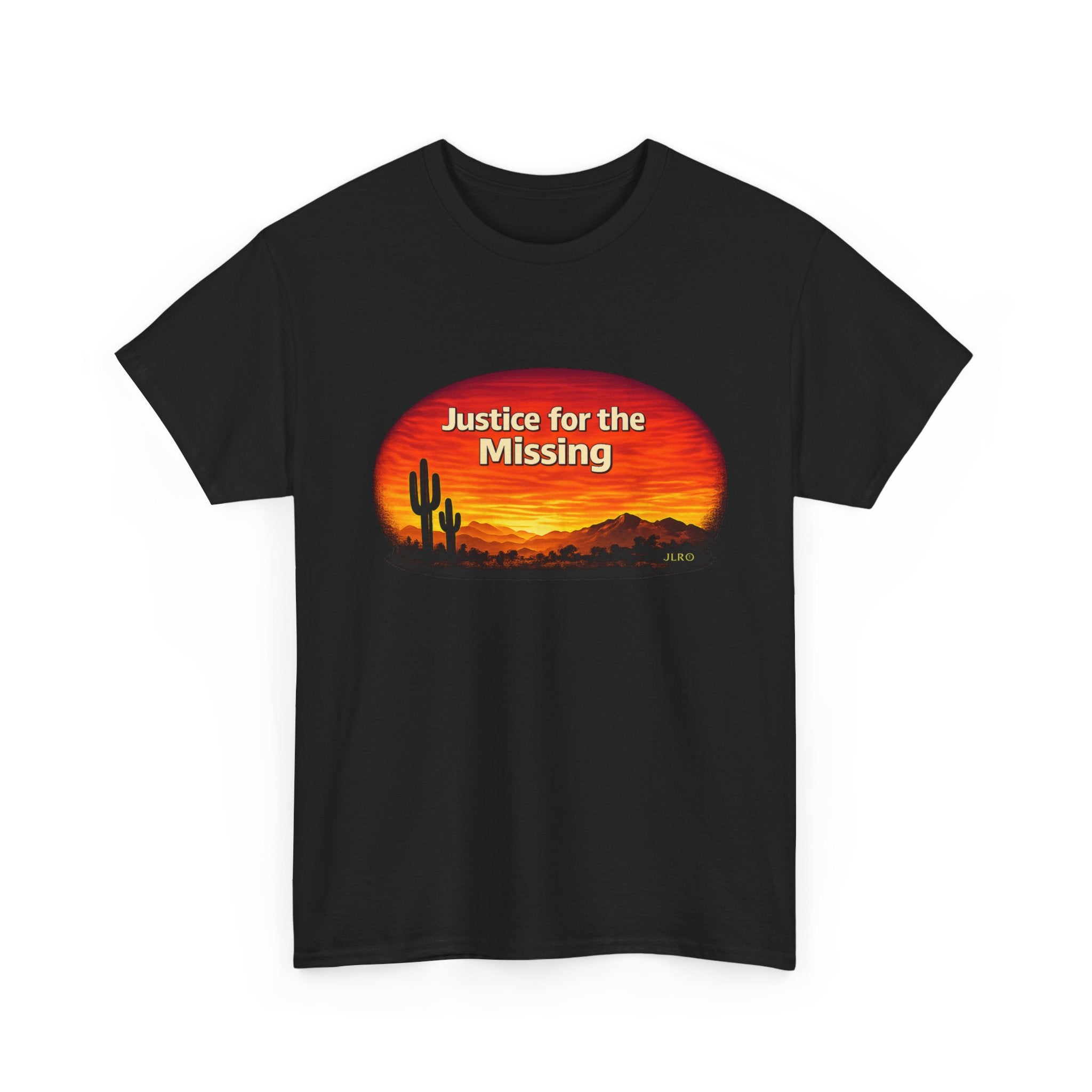 Black unisex t-shirt featuring a bold 'Justice for the Missing' graphic with a desert sunset silhouette of saguaro cacti in warm red, orange, and gold tones