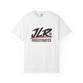 White JLR© Bold Logo T-Shirt with a black and red JLR© Investigates chest design.