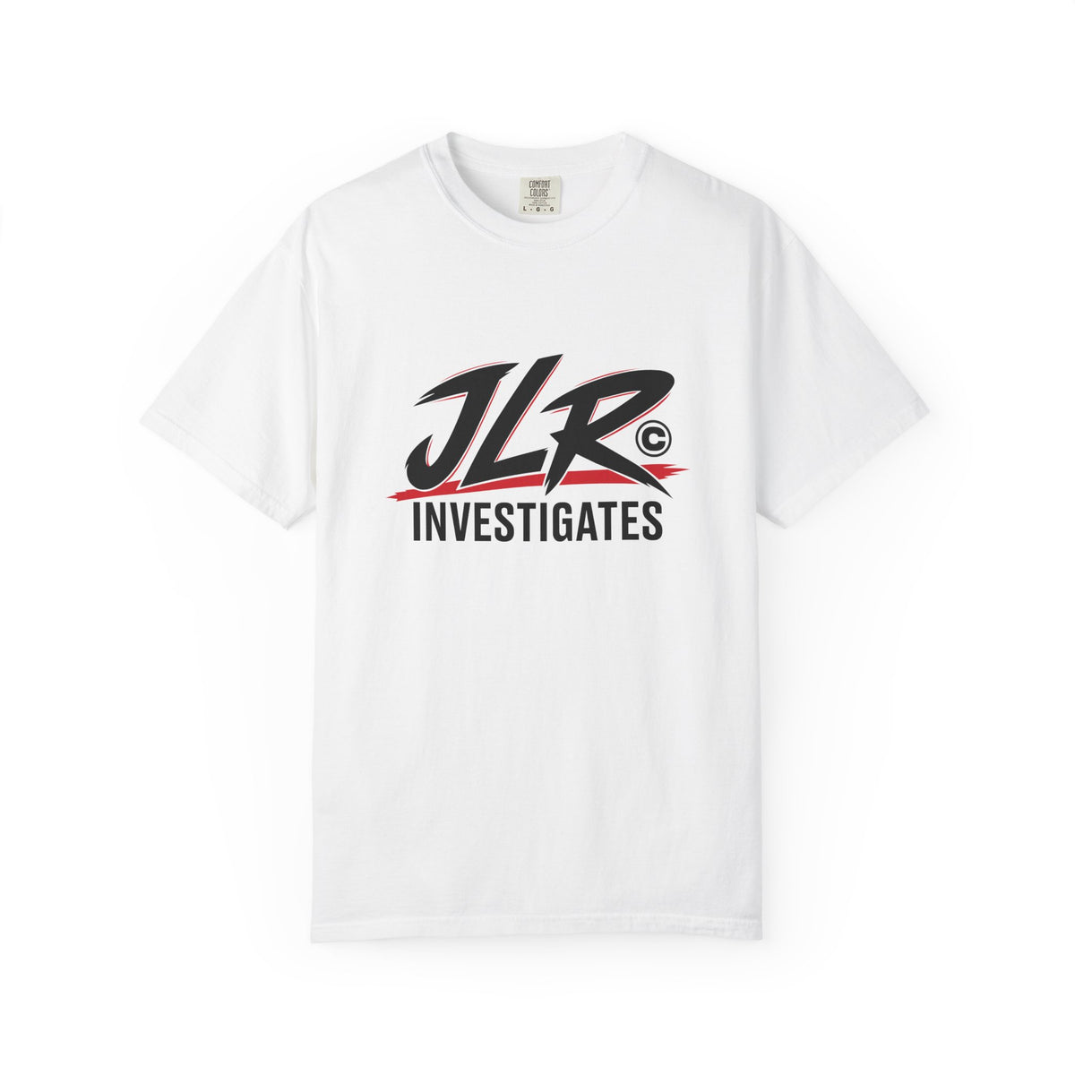 White JLR© Bold Logo T-Shirt with a black and red JLR© Investigates chest design.