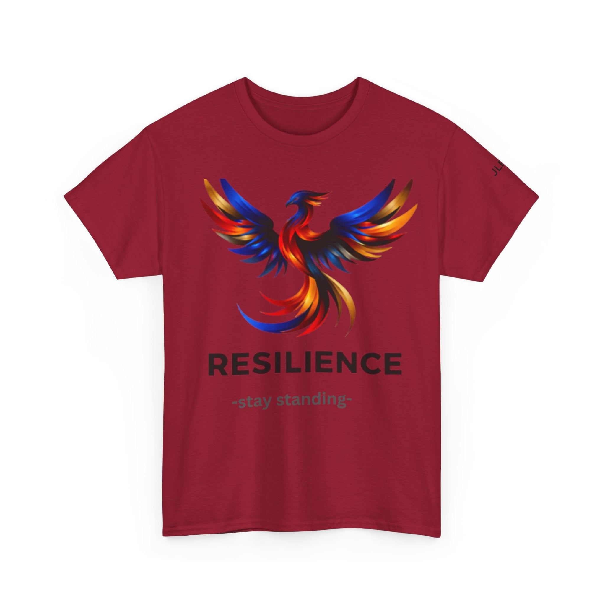 Dark red unisex t-shirt featuring a bold multicolor phoenix rising graphic with the word RESILIENCE and tagline 'Stay Standing' — JLR Investigates apparel