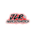 JLR© Investigates kiss-cut sticker with bold black and red graffiti-style lettering on white background