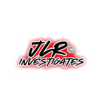 JLR© Investigates kiss-cut sticker with bold black and red graffiti-style lettering on white background
