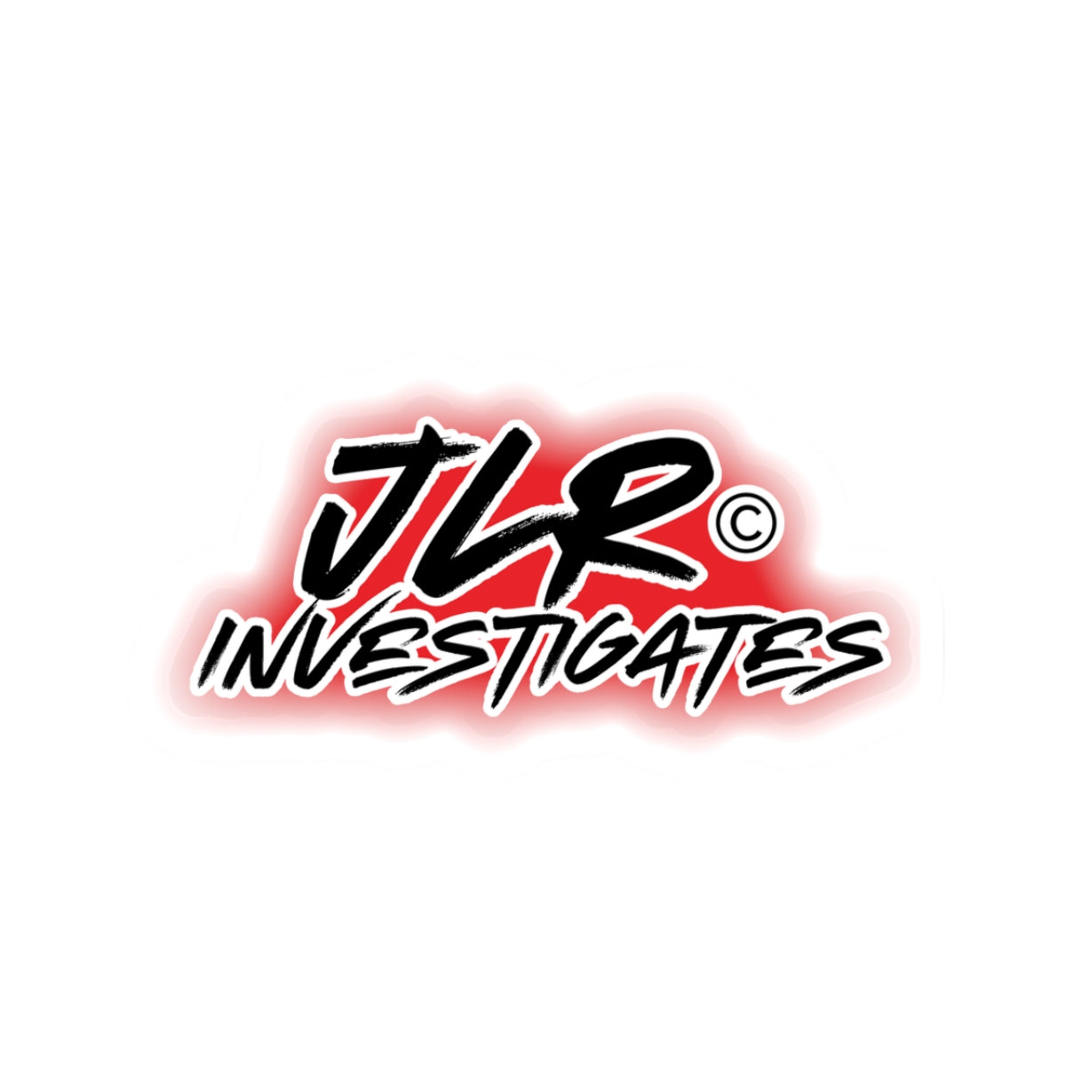 JLR© Investigates kiss-cut sticker with bold black and red graffiti-style lettering on white background