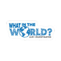 What In The World? JLR© Investigates kiss-cut vinyl sticker — bold blue globe graphic on white background