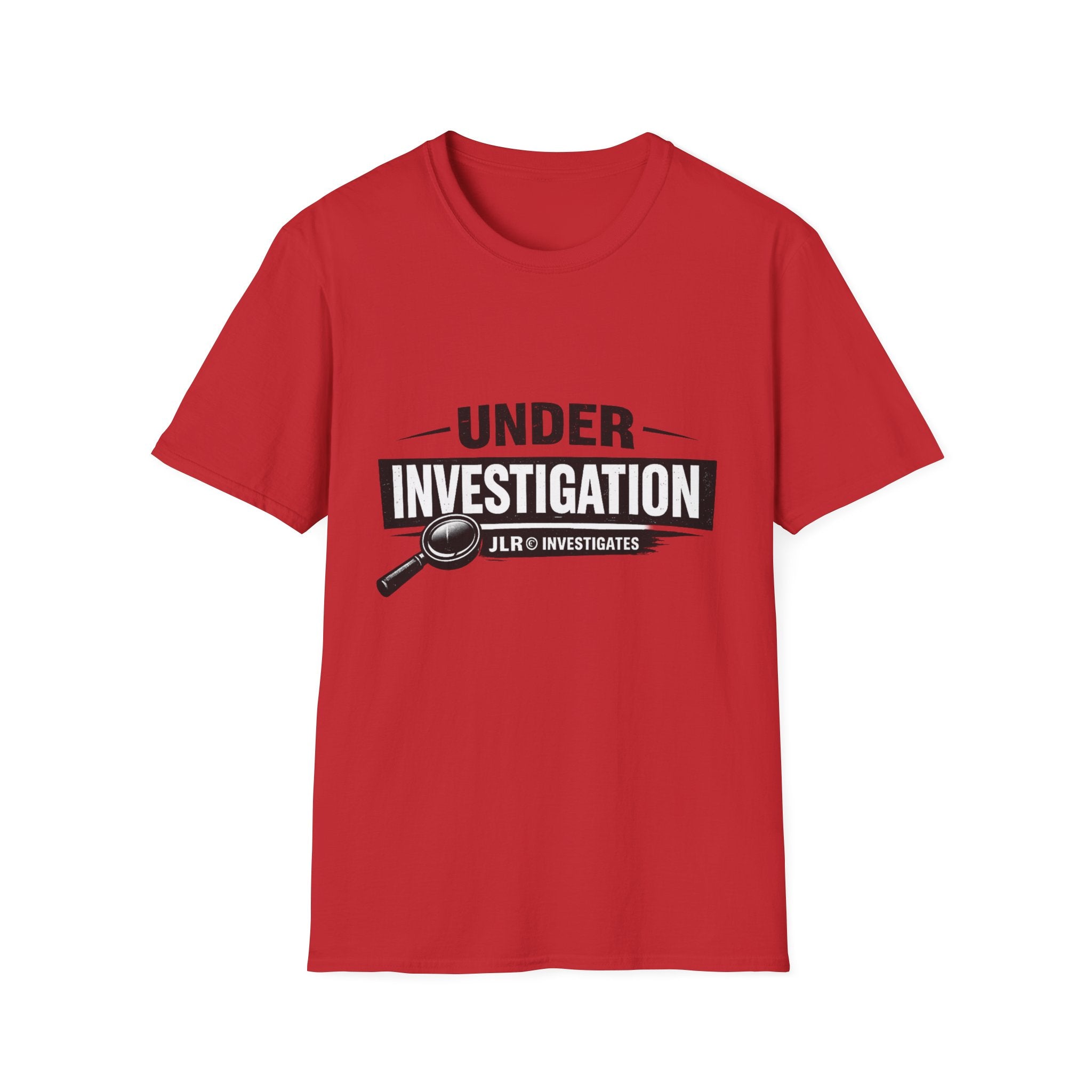 Red unisex t-shirt featuring a bold 'Under Investigation — JLR© Investigates' graphic with a magnifying glass icon and black and white banner design