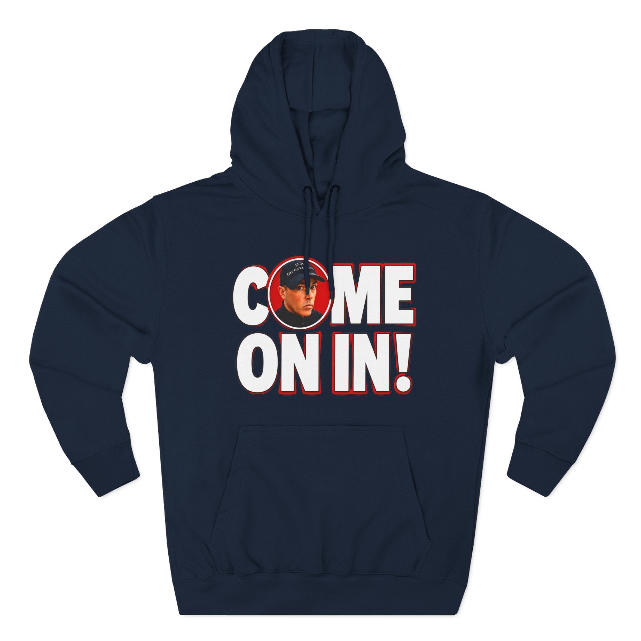 Navy Blue pullover hoodie featuring bold white 'COME ON IN!' text with a circular photo graphic replacing the letter O, printed on the chest