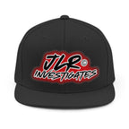 Black JLR© Investigates snapback hat with bold red and black logo on front panel, structured crown, flat brim, front view