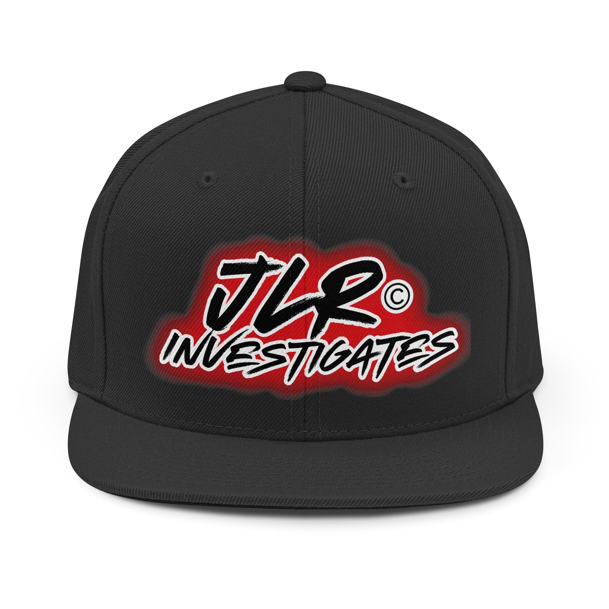 Black JLR© Investigates snapback hat with bold red and black logo on front panel, structured crown, flat brim, front view
