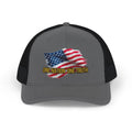 Grey and black patriotic trucker hat with distressed American flag graphic and One Nation One Truth text on front panel