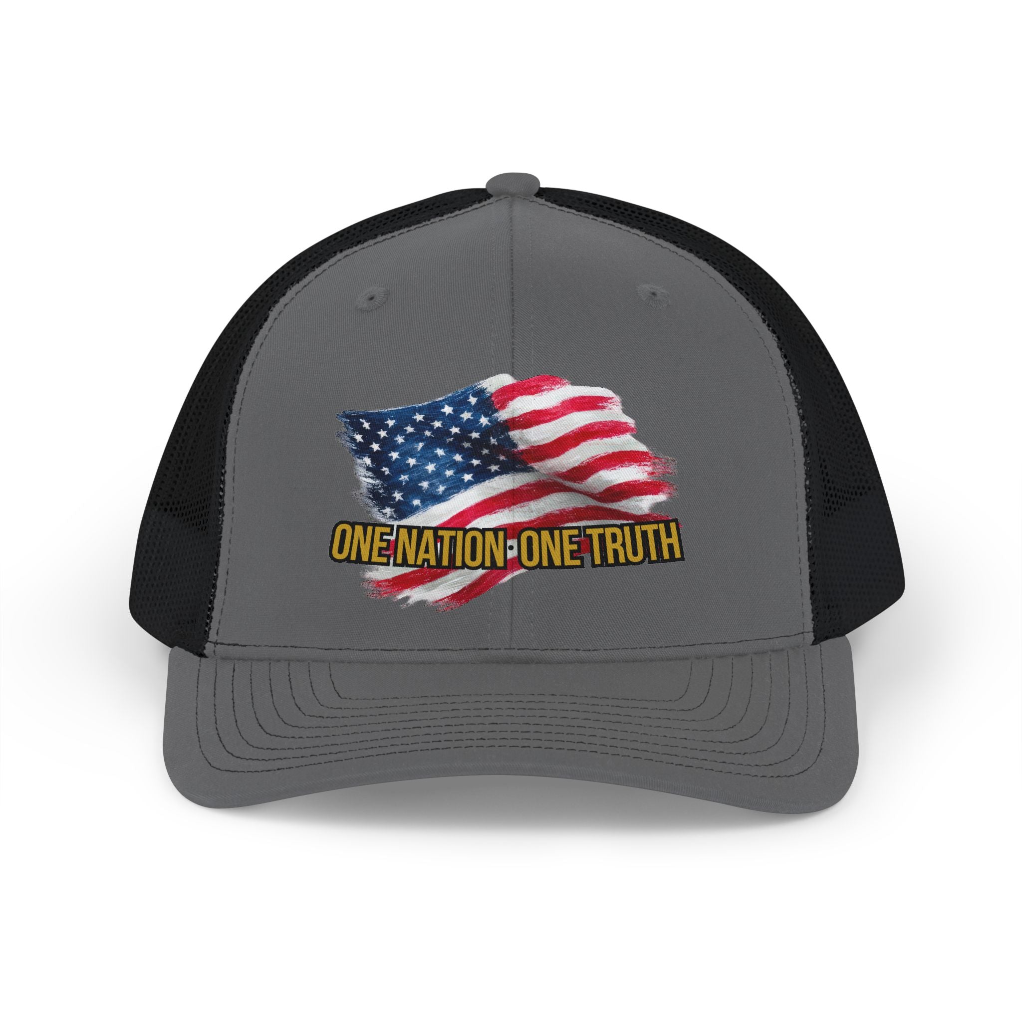 Grey and black patriotic trucker hat with distressed American flag graphic and One Nation One Truth text on front panel