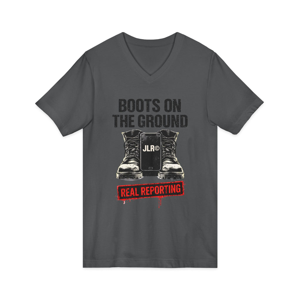Dark grey unisex t-shirt with bold black graphic reading 'Boots on the Ground' featuring a boot graphic and JLR Investigates branding