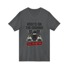 Dark grey unisex t-shirt with bold black graphic reading 'Boots on the Ground' featuring a boot graphic and JLR Investigates branding
