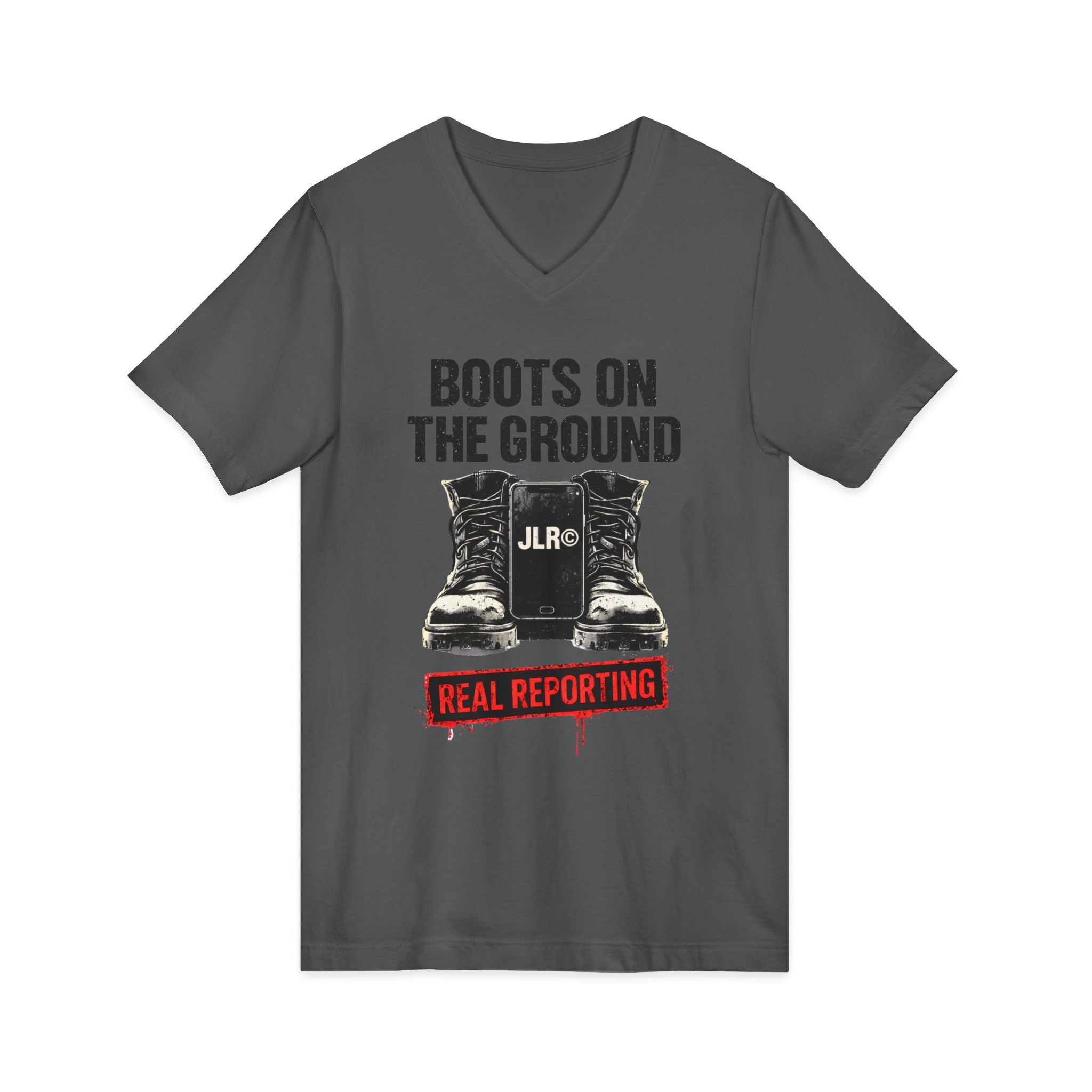 Dark grey unisex t-shirt with bold black graphic reading 'Boots on the Ground' featuring a boot graphic and JLR Investigates branding