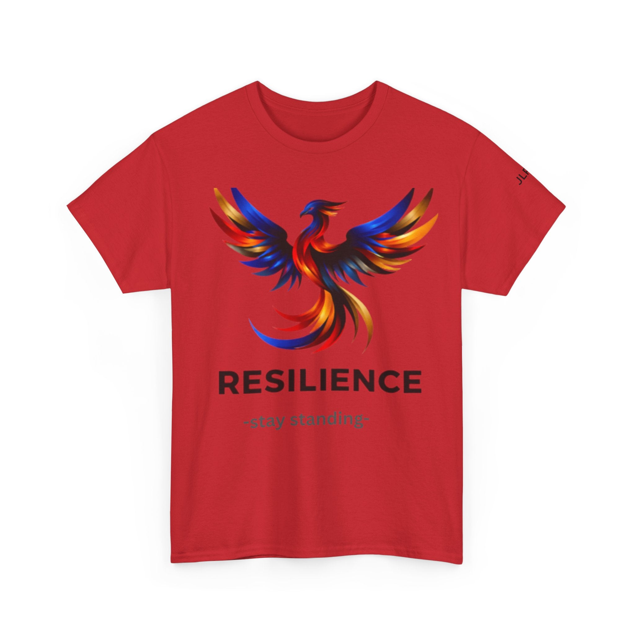 Red unisex t-shirt featuring a bold multicolor phoenix rising graphic with the word RESILIENCE and tagline 'Stay Standing' — JLR Investigates apparel