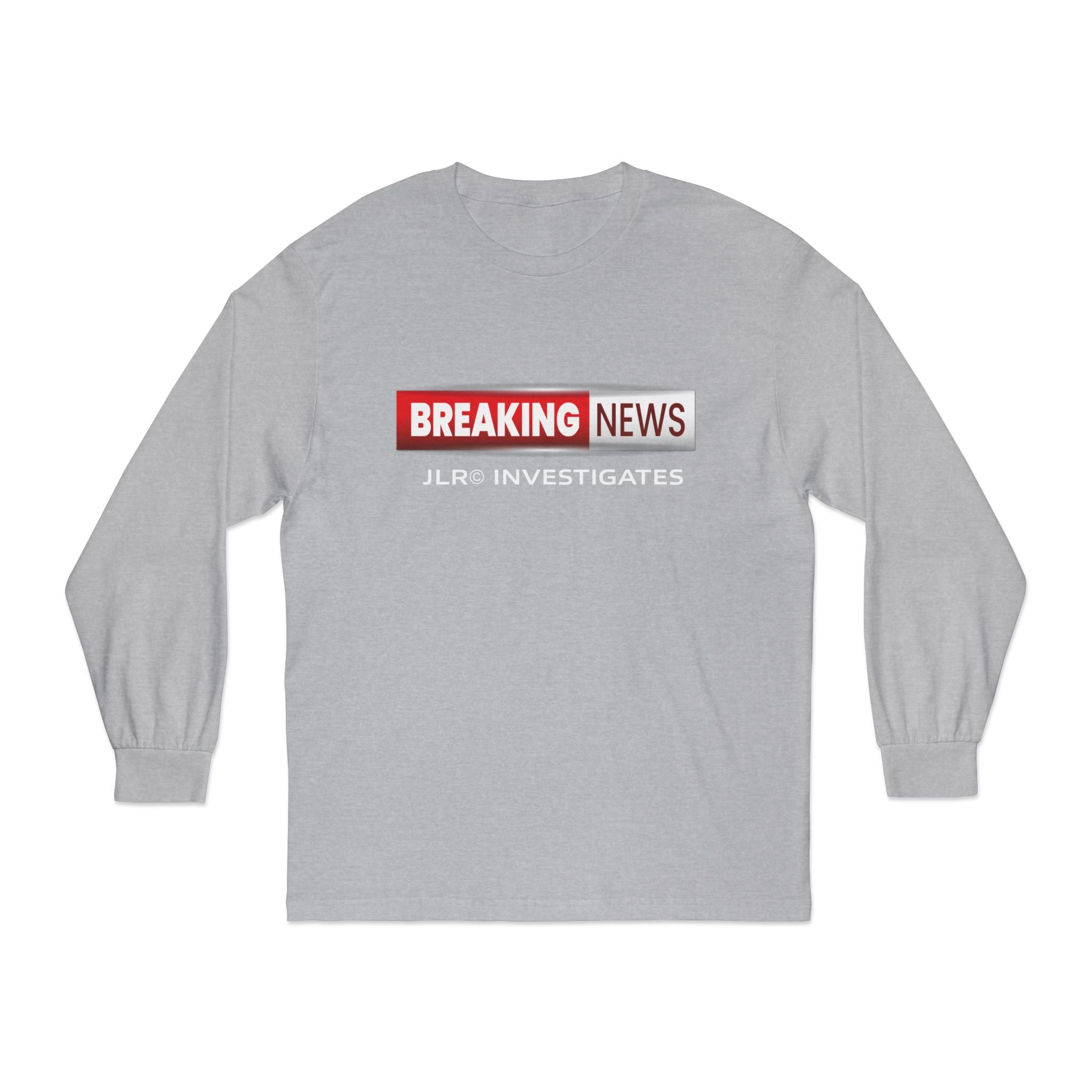 Athletic Heather long-sleeve shirt with 'Breaking News' graphic on a white background