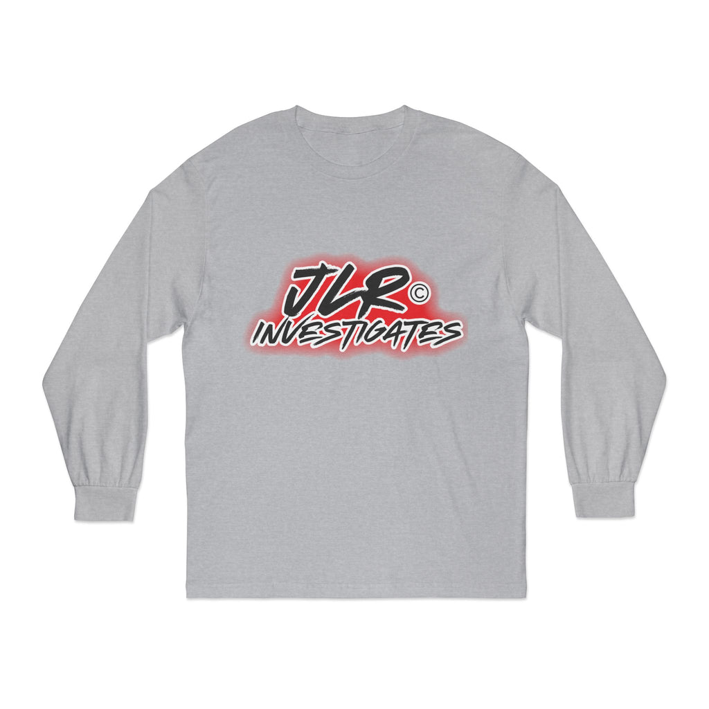 Grey long sleeve unisex t-shirt featuring bold 'JLR© Investigates' graffiti-style logo in red, white, and black.