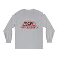 Grey long sleeve unisex t-shirt featuring bold 'JLR© Investigates' graffiti-style logo in red, white, and black.