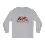 Grey long sleeve unisex t-shirt featuring bold 'JLR© Investigates' graffiti-style logo in red, white, and black.