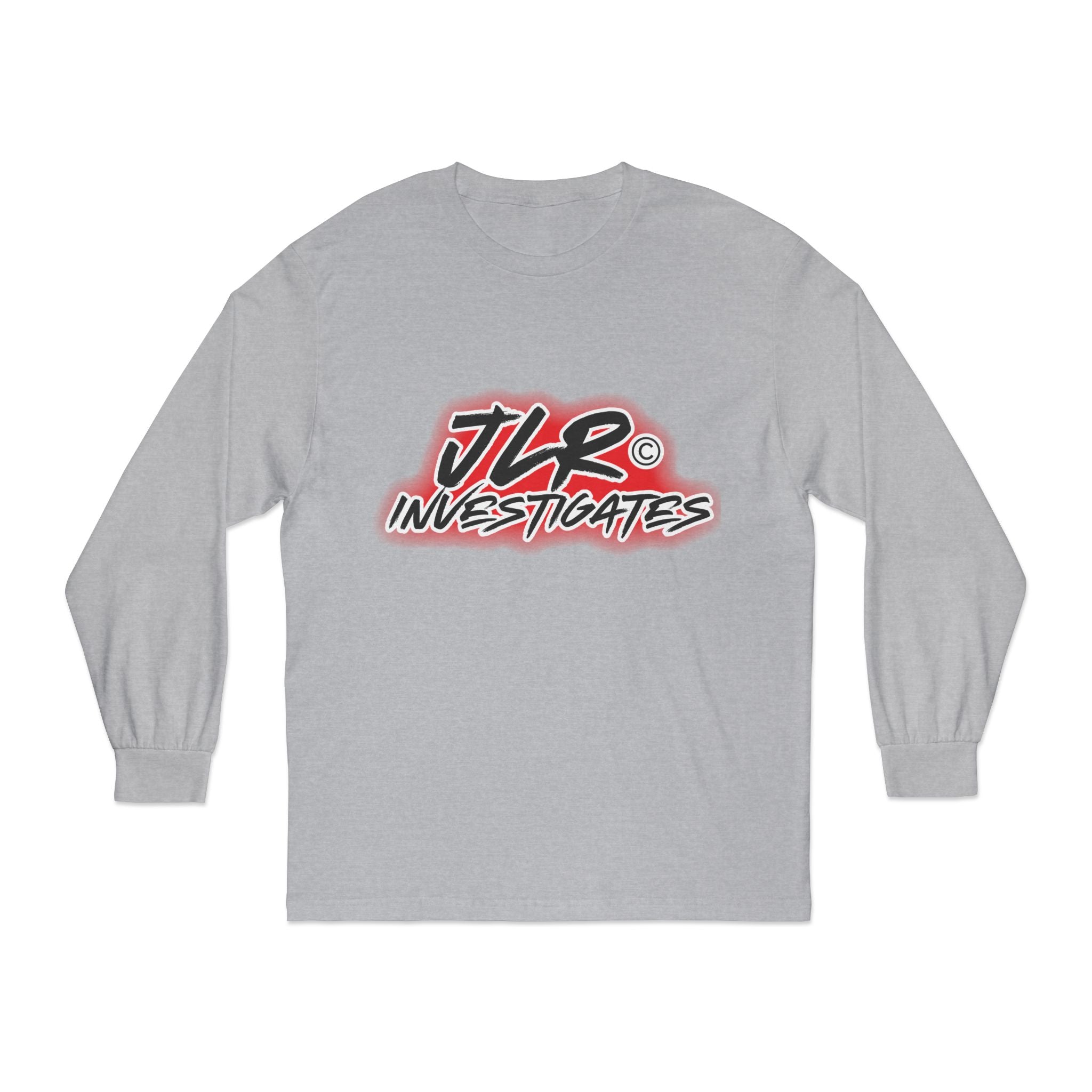 Grey long sleeve unisex t-shirt featuring bold 'JLR© Investigates' graffiti-style logo in red, white, and black.
