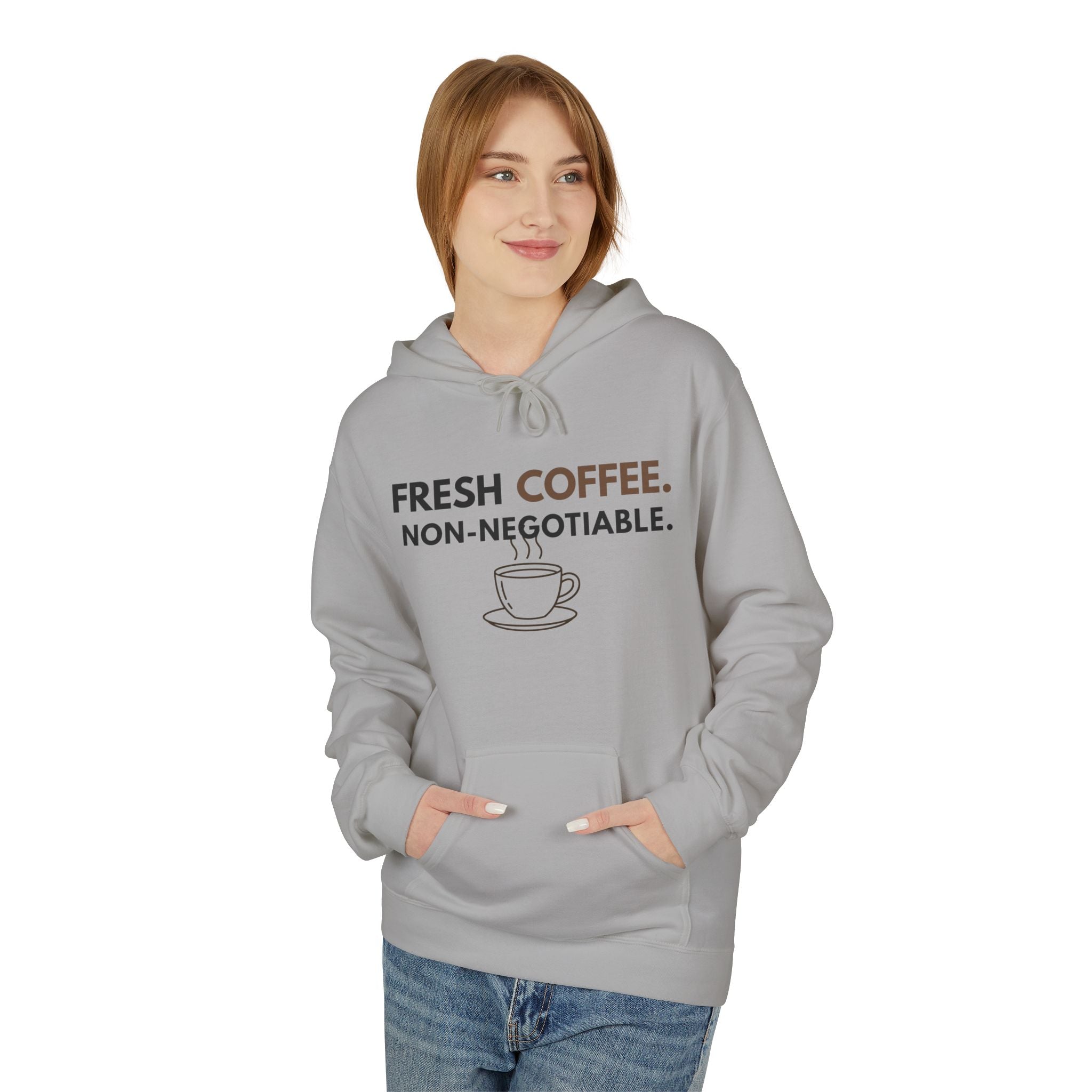 Fresh Coffee Hoodie – JLR© Investigates, sand color, worn by model, front view