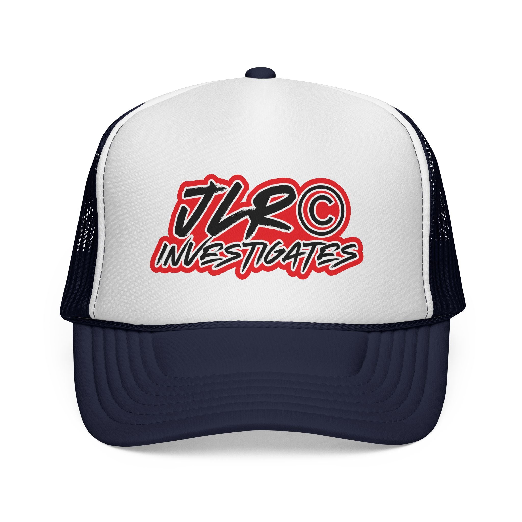 Trucker Cap — "JLR© Investigates" Retro Mesh Hat (Red, White & Blue)