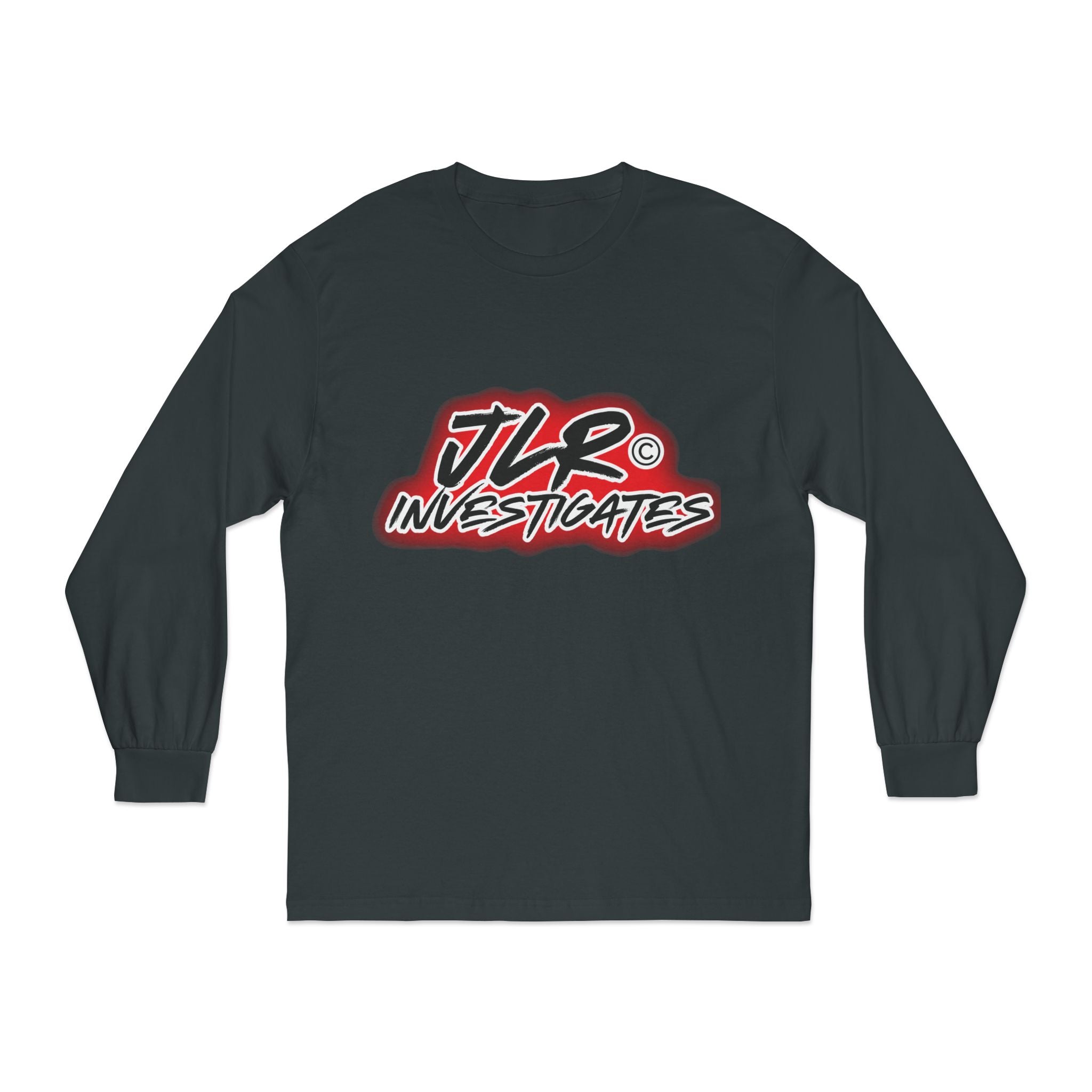 Black long sleeve unisex t-shirt featuring bold 'JLR© Investigates' graffiti-style logo in red, white, and black