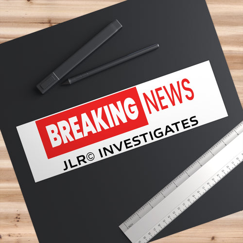 Close-up of Breaking News! vinyl sticker showing crisp red and white print — waterproof, fade-resistant, easy-peel backing