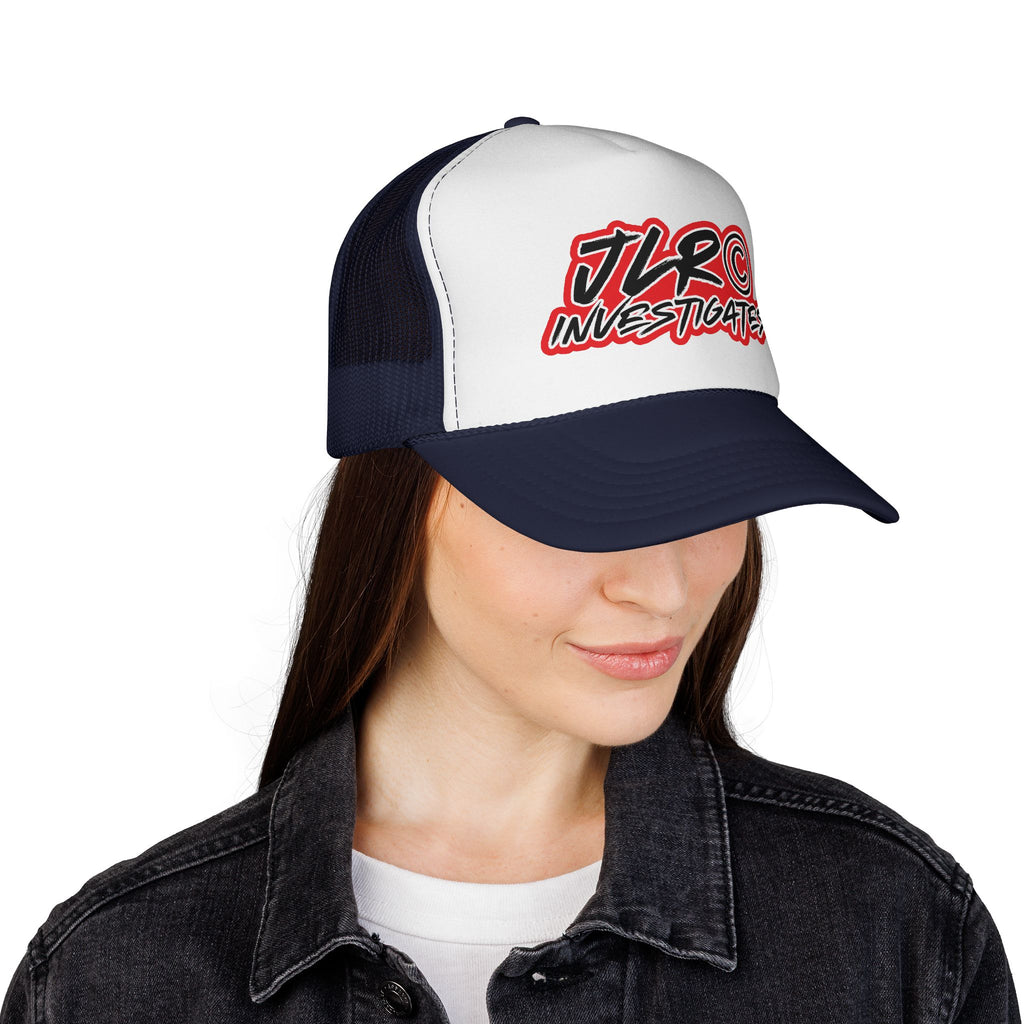 Trucker Cap — "JLR© Investigates" Retro Mesh Hat (Red, White & Blue)