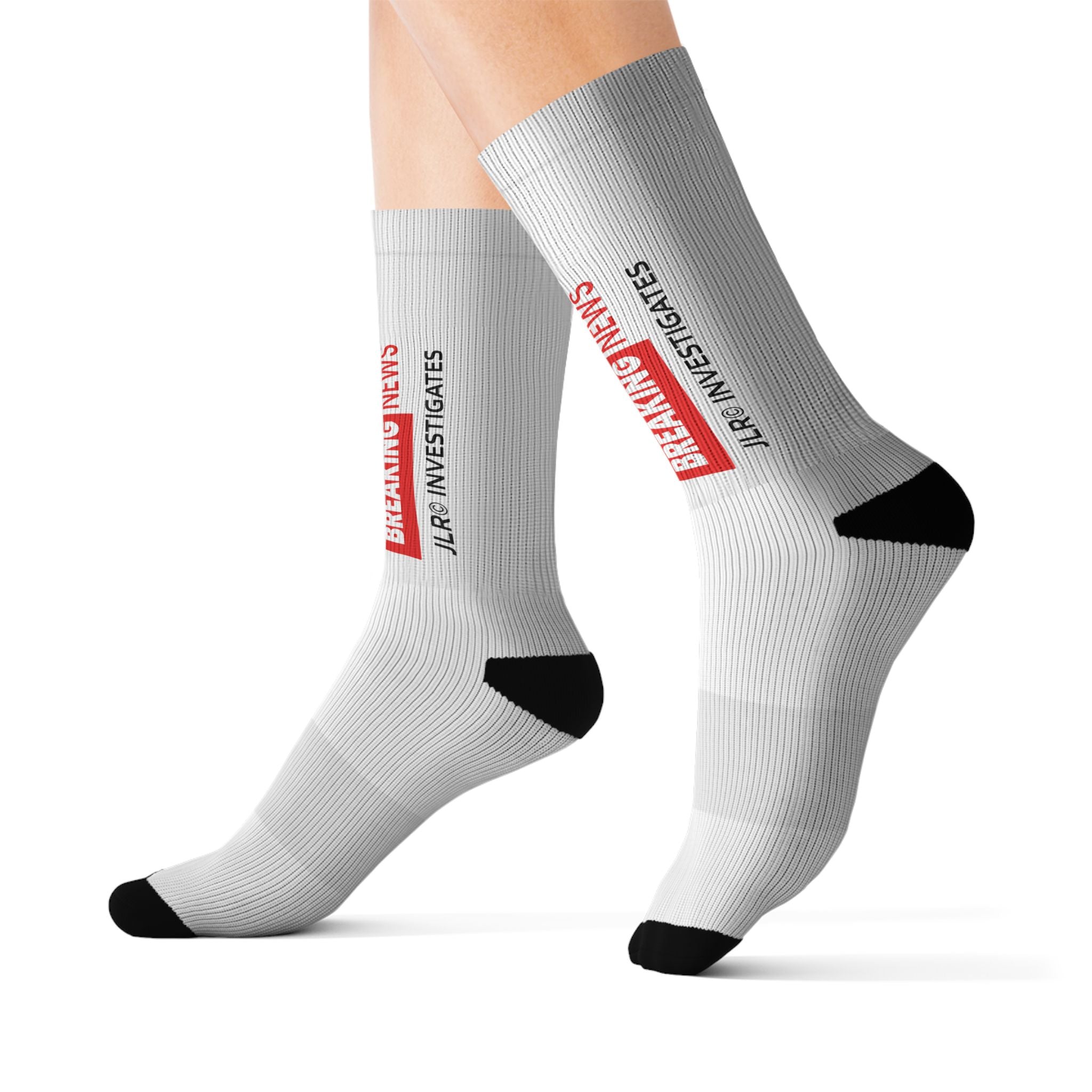 Breaking News Sublimation Socks — Novelty Crew Socks with "BREAKING NEWS: JLR© Investigates" Design