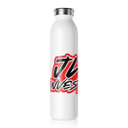 JLR Investigates 20oz insulated water bottle side view— bold red and black JLR Investigates graffiti-style graphic — white stainless steel — JLR Investigates