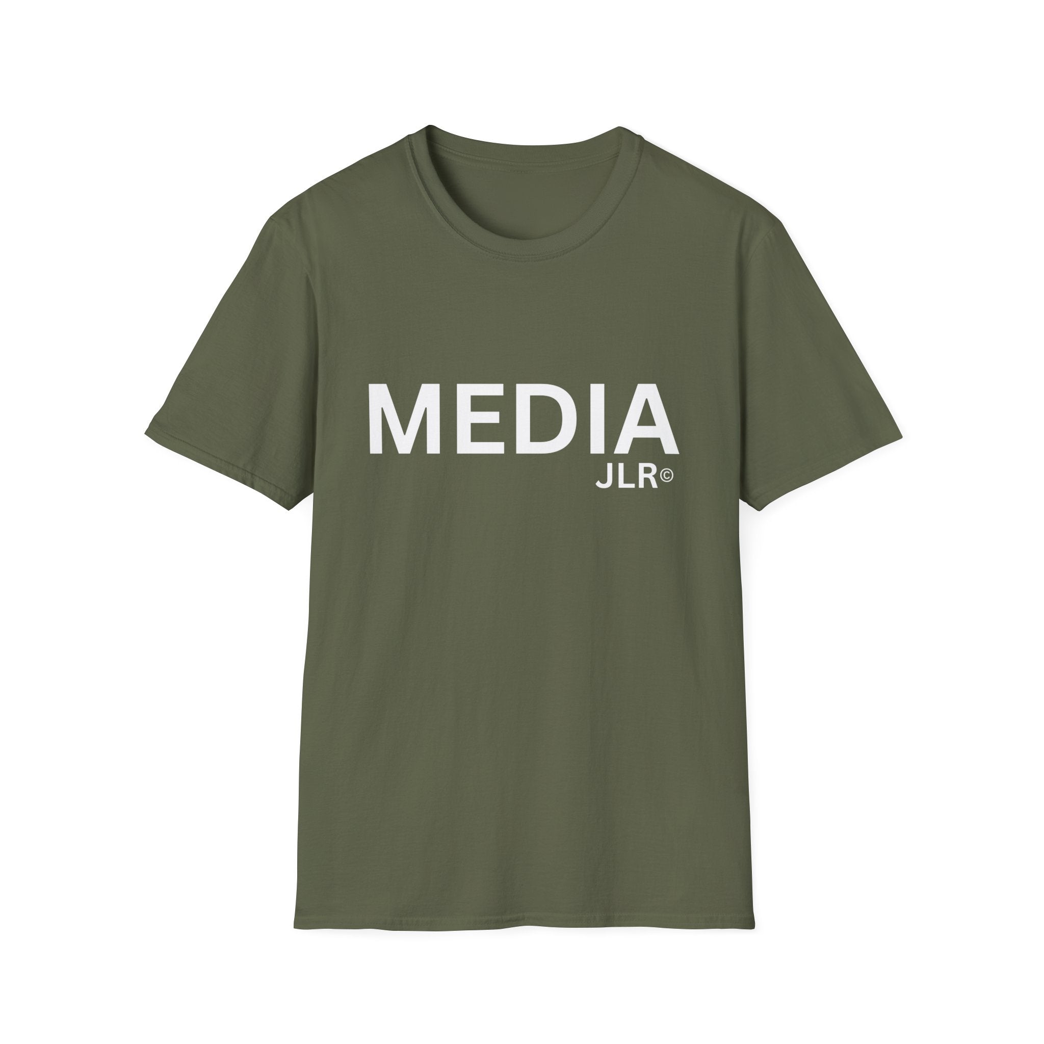 Green unisex t-shirt with bold white text reading 'MEDIA JLR' — JLR Investigates apparel