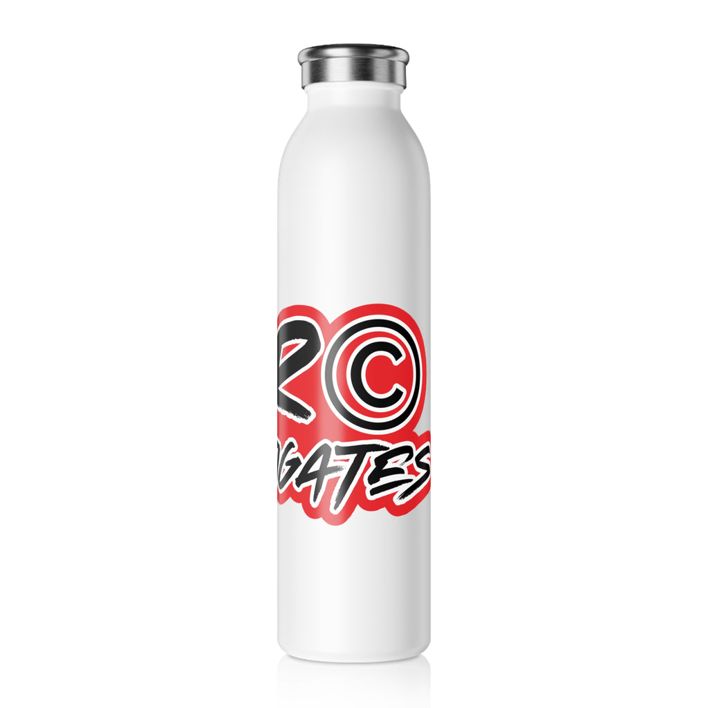 JLR Investigates 20oz insulated water bottle side view— bold red and black JLR Investigates graffiti-style graphic — white stainless steel — JLR Investigates