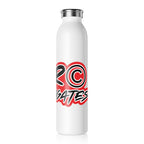 JLR Investigates 20oz insulated water bottle side view— bold red and black JLR Investigates graffiti-style graphic — white stainless steel — JLR Investigates
