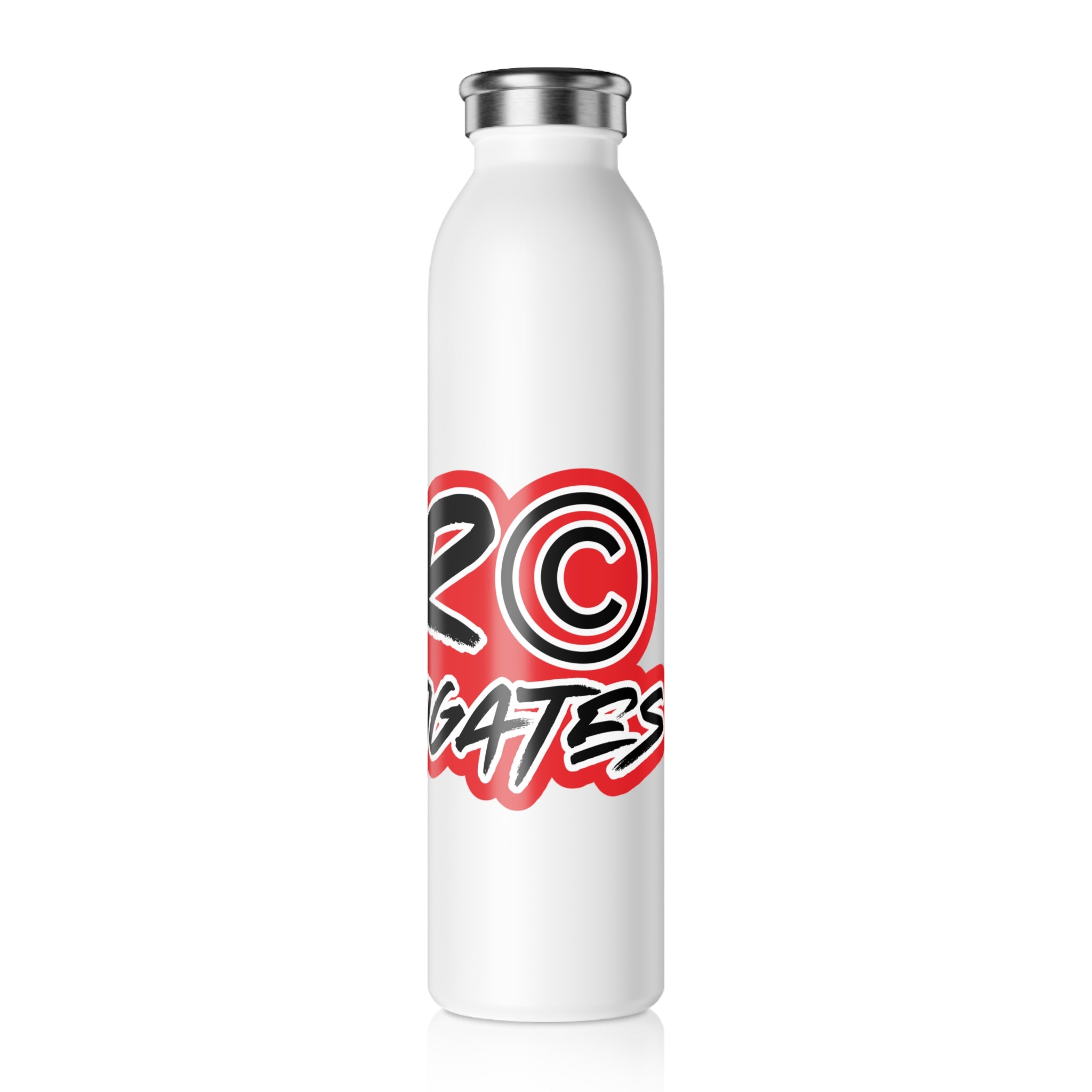 JLR Investigates 20oz insulated water bottle side view— bold red and black JLR Investigates graffiti-style graphic — white stainless steel — JLR Investigates