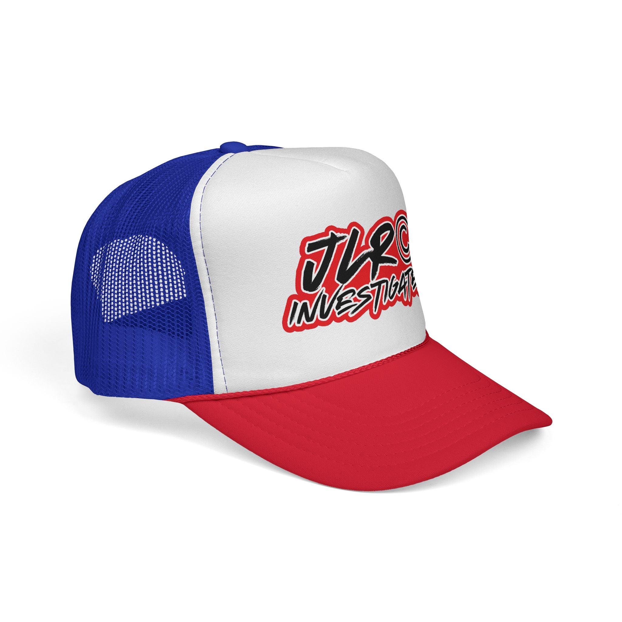 Trucker Cap — "JLR© Investigates" Retro Mesh Hat (Red, White & Blue)
