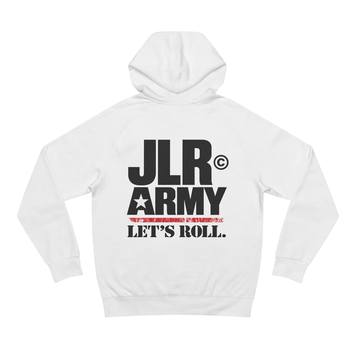 White JLR© Army hoodie with a large “Let’s Roll” back print.