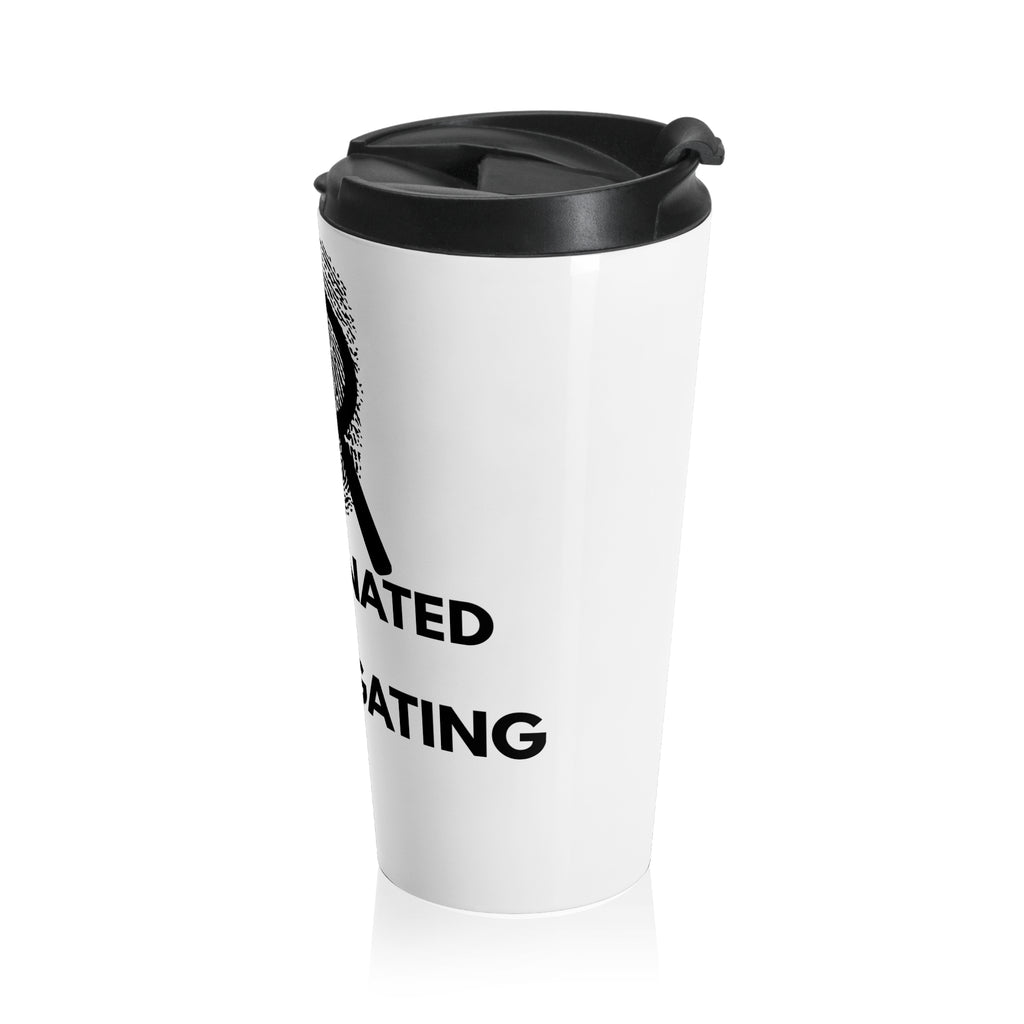 Angled view of the Caffeinated & Investigating Tumbler highlighting bold lettering and investigative design