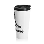 Angled view of the Caffeinated & Investigating Tumbler highlighting bold lettering and investigative design