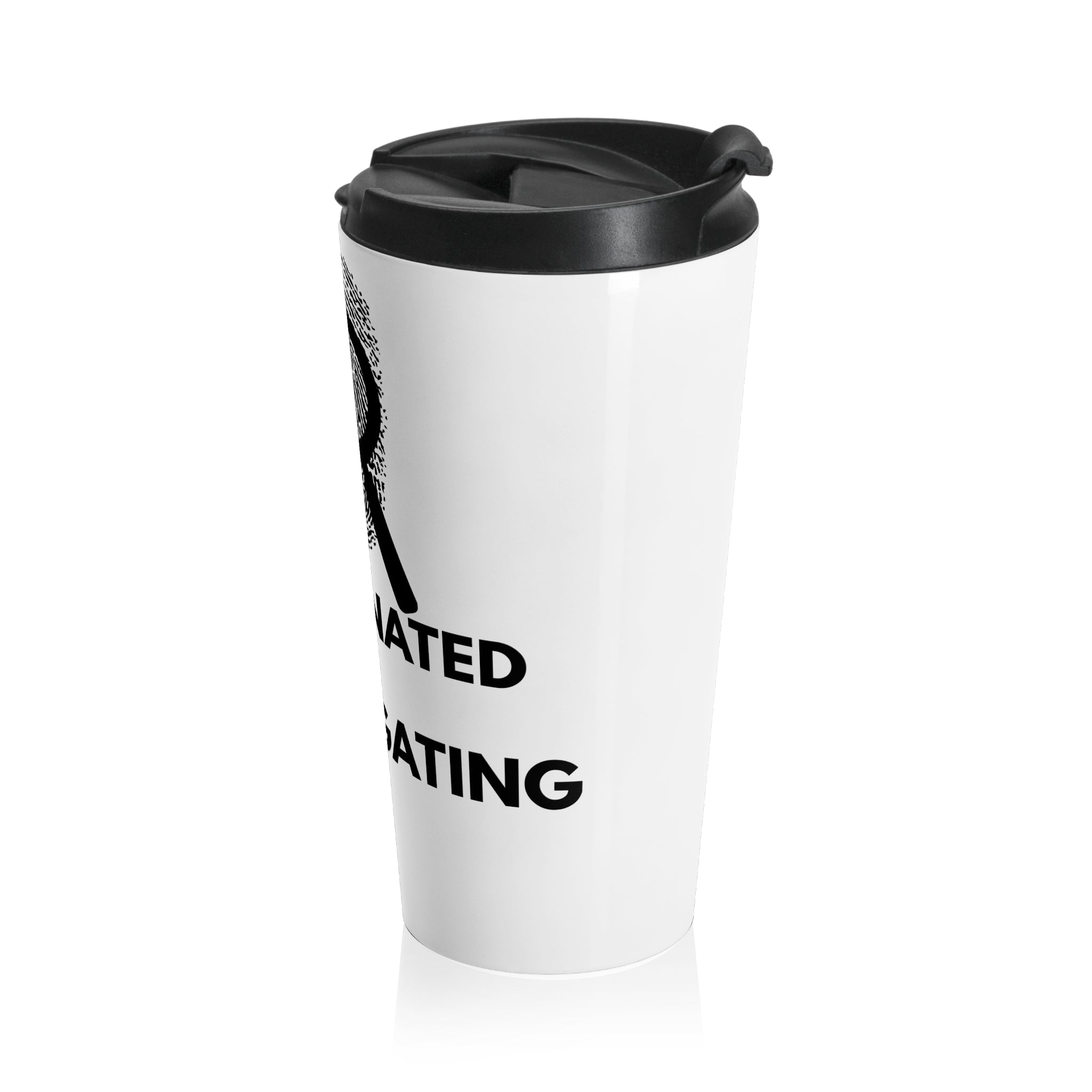 Angled view of the Caffeinated & Investigating Tumbler highlighting bold lettering and investigative design