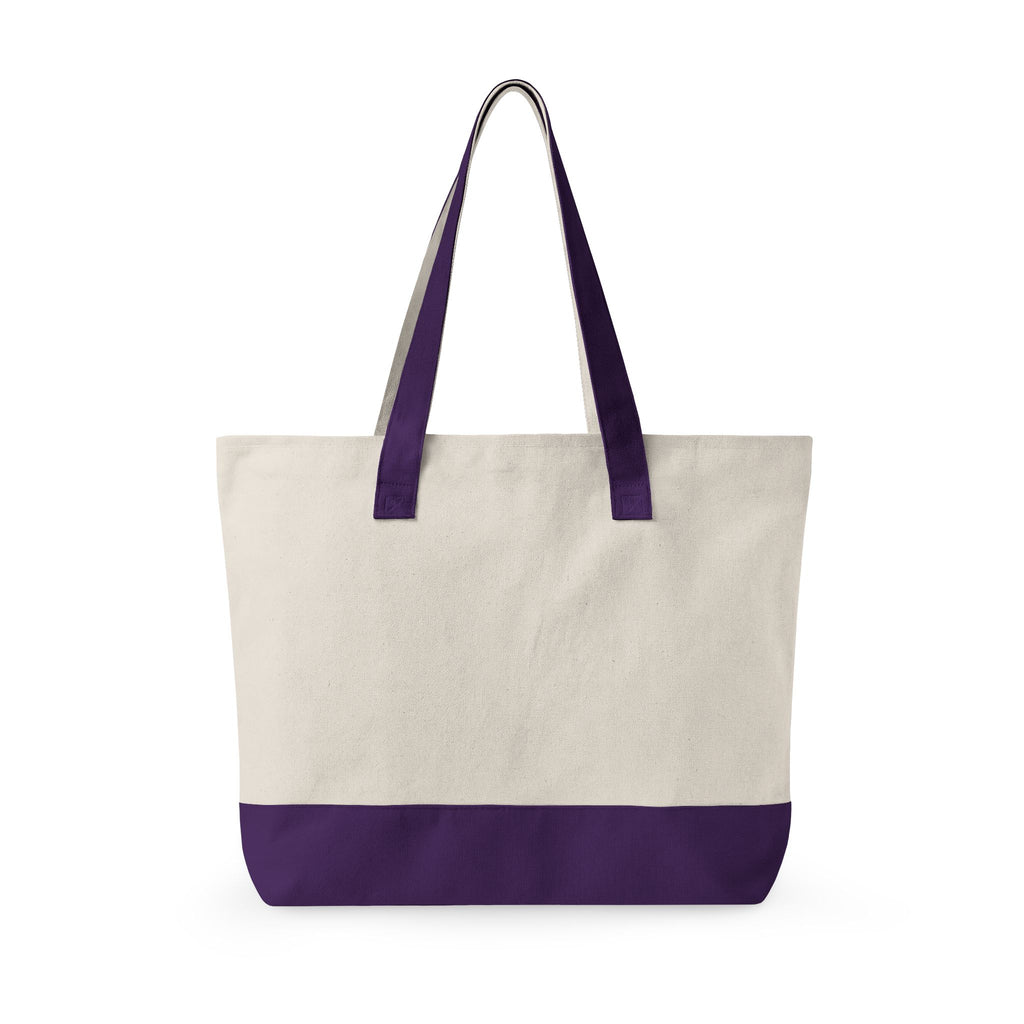 Back view of Beige tote bag with purple handles and bottom on a white background