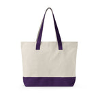 Back view of Beige tote bag with purple handles and bottom on a white background