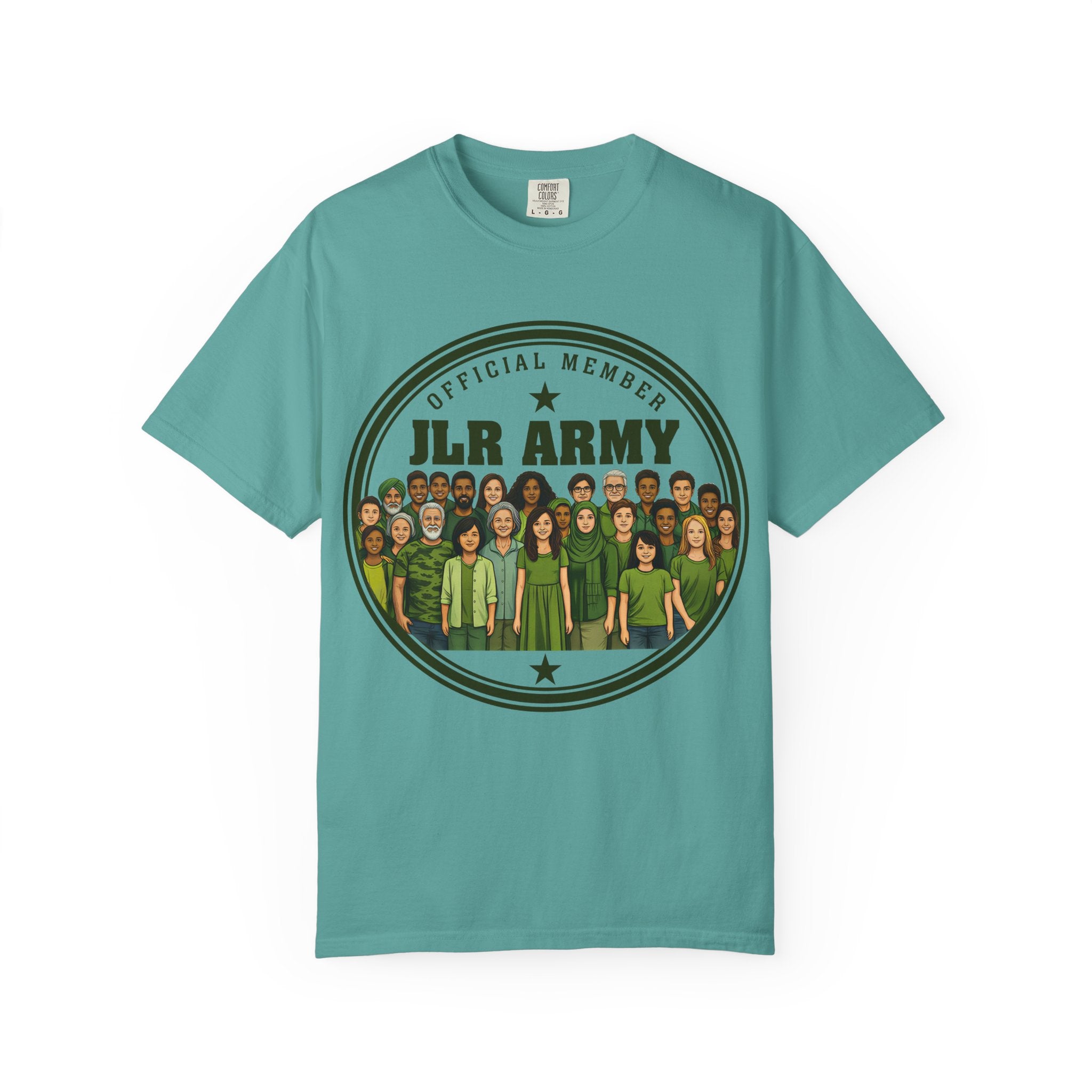 Teal t-shirt with 'JLR Army' graphic on a white background